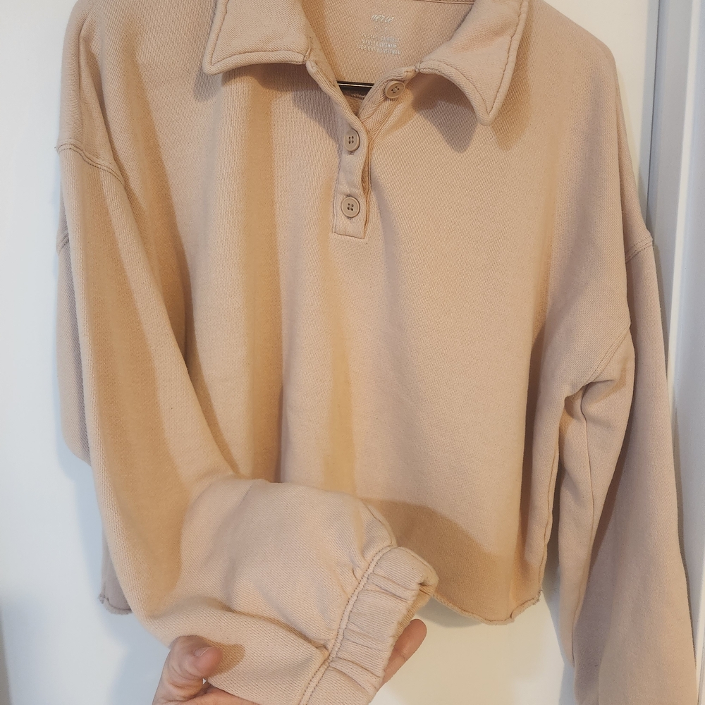 aerie Cropped Fleece Polo Sweatshirt - Tan - Picture 4 of 5
